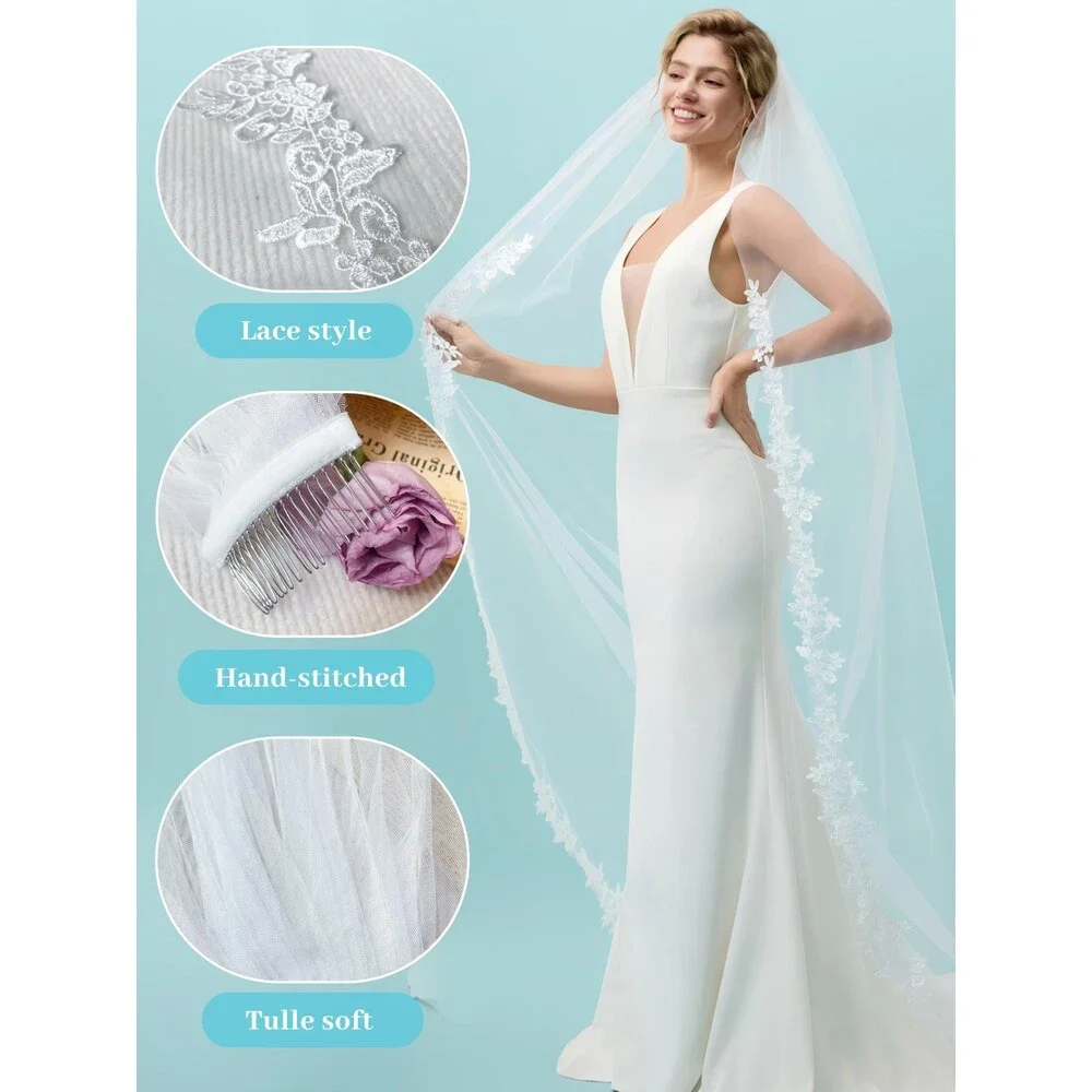 AierHuiOi Bridal Veil 1 Tier Lace White Wedding Veil With Metal Comb veils for